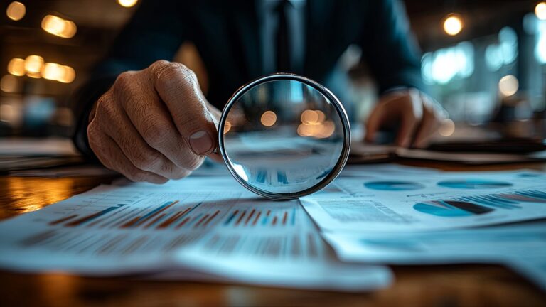 Homem analisando gráficos com lupa sobre documentos.