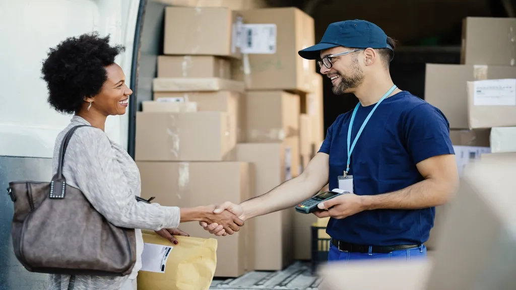 Entrega de pacotes entre homem e mulher sorridentes