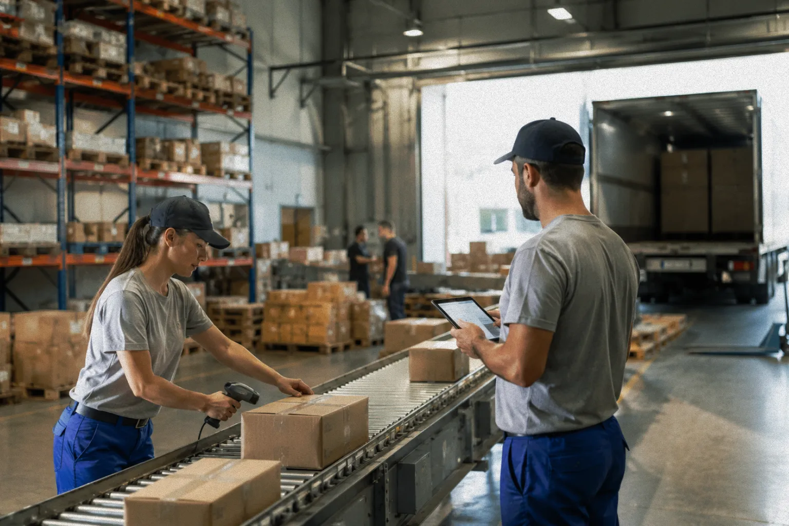 Funcionários em armazém manuseando caixas